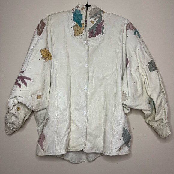 Authentic Vintage 80s Balloon Sleeve Rhinestone Pearl Seashell Leather Jacket - Picture 1 of 11